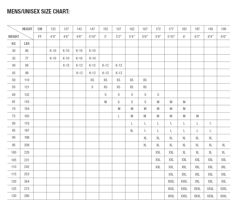 Zhik Mens Size Chart